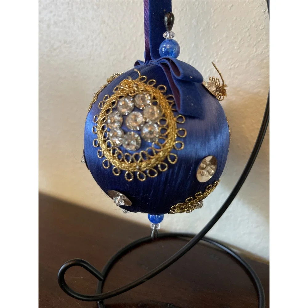Vintage Bead‎ Sequin Push Pin Christmas Tree Ornament Blue Satin Completed